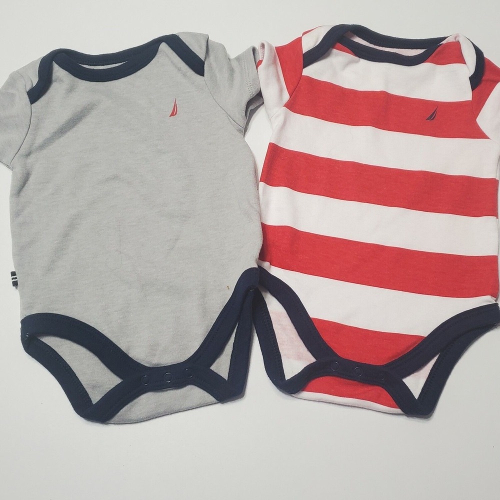 Nautica Boys Lot Of 2 Bodysuit Red Grey Blue White Logo Snaps Short Sleeve 0-3 M